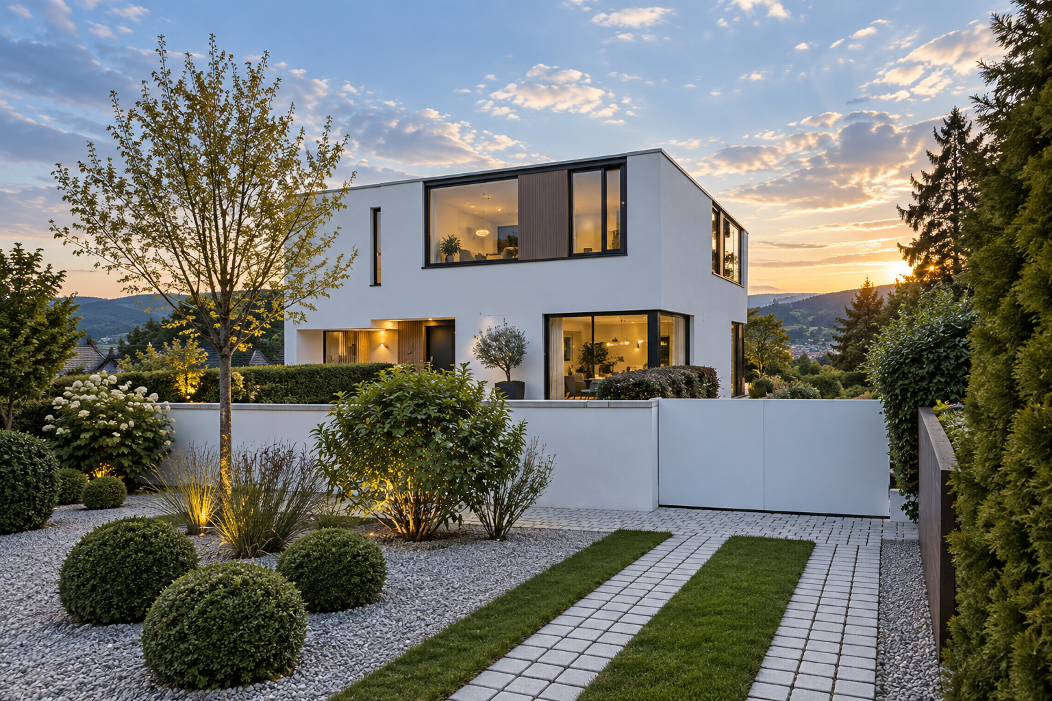 KI-generiertes Architekturmotiv: modernes weißes Wohnhaus mit Garten